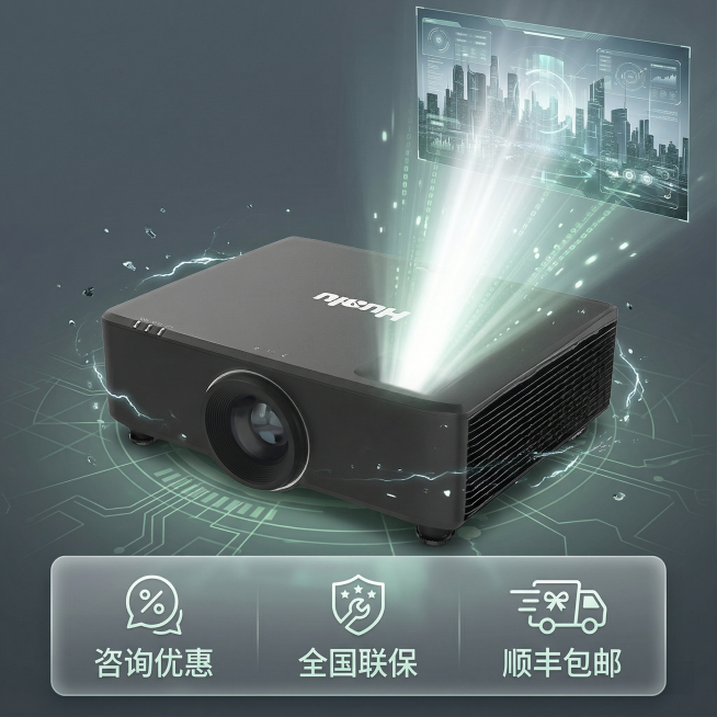 图生图，基于新的黑色投影仪原图，保持产品外观100%一致。延续整体飞扬感科技风格，画面底部设置半透明悬浮条，横向排列服务承诺："咨询优惠"、"全国联保"、"顺丰包邮"，每个承诺搭配简约图标，产品主体居预览效果