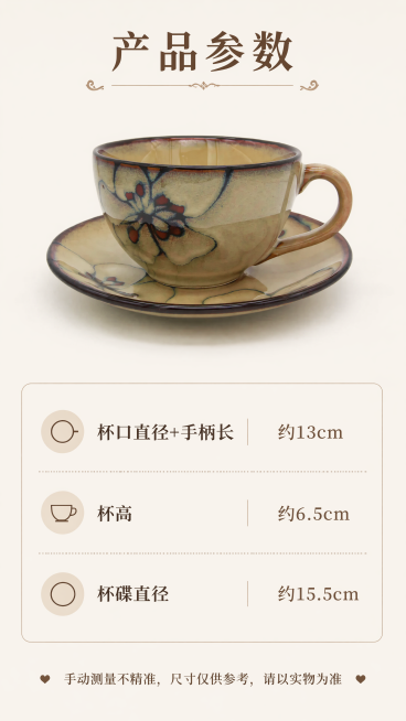 [第7屏] 规格参数展示，旧瓷花韵手工套杯尺寸说明，本屏使用【图1】作为产品主体。
[氛围/风格] 简洁清晰信息卡风格，规整易读。
[元素布局] 产品小图放置在页面上半部分，占比约40%；下半部分为规预览效果