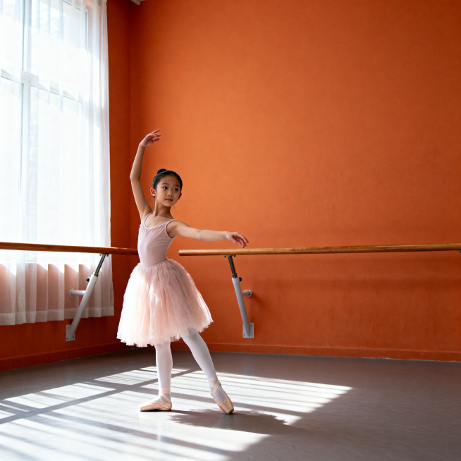 生成一位9岁亚洲芭蕾少女，样貌参考前图：大眼睛明亮有神，清秀精致五官，低盘发整洁，表情专注温柔。身穿浅粉色蓬松纱质tutu裙（及膝）、白色连裤袜与浅色足尖鞋。**脚位改为第四位（quatrième）*预览效果