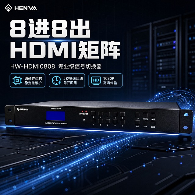 [商品] 使用【图1】HENVA HW-HDMI0808 HDMI矩阵切换器；保留黑色1U机架式机身、正面蓝色液晶屏、数字按键1-0、功能按键AV/MENU/ALL/OK/FUN/ESC、POWER/NET/IR指示灯、左右安装耳、HENVA品牌Logo、MATRIX SWITCHING SYSTEM文字；产品真实功能方向为8进8出HDMI信号矩阵切换。
[画面] 目标：硬核头图，突出专业级8进8出HDMI矩阵定位。构图：左文右图，左侧上半部分大标题区，右侧产品主体占画面60%，产品正面微仰视角度，置于深色科技感台面上。前景点缀发光数据线条和信号流粒子，中景产品主体，背景深色渐变+微弱网格纹理+远处设备机架剪影。阅读动线从左上标题到右侧产品。
[视觉] 套系策略：风格=深色科技工业风商业摄影；标题字=粗黑无衬线科技字体；正文字=简洁无衬线体；主色=深空黑；背景延展=基于深空黑做深蓝紫渐变、细腻网格纹理和微弱光晕；强调色=电光蓝，仅用于小面积图标、引线、发光线条和标签高亮；标题色=纯白；正文色=浅灰蓝；组件=细线圆角信息卡、发光引线、数据粒子装饰；光影=左前侧冷硬光+产品底部轮廓光。
[文字] 左上主标题"8进8出 HDMI矩阵"，副标题"HW-HDMI0808 专业级信号切换器"，下方3个卖点胶囊："纯硬件架构 稳定免维护"、"5秒快速启动 即开即用"、"1080P高清传输"。文字不遮挡产品主体和按键面板。
[规格] 图片比例1:1方版，4K，避免变形、错字、文字过小、产品颜色改变、结构失真、白底孤立。