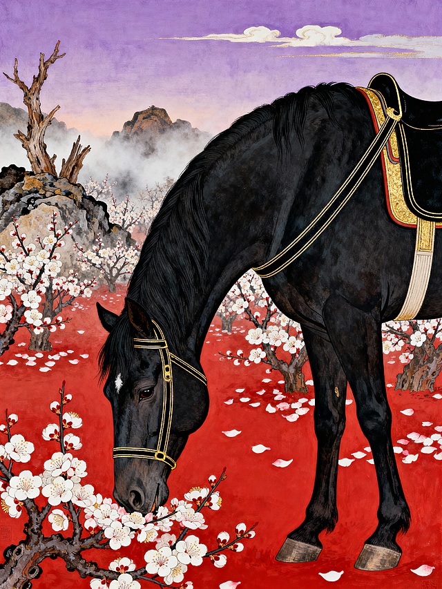 复古风格，特写一匹黑色骏马（佩戴黑金配色的马鞍，带简约线条），低头轻嗅花朵的定格瞬间。场景为红色与白色交织的梅花园，梅花盛放，花瓣飘落。背景是淡雾笼罩的山石与枯木。天空为淡紫色的清晨，有柔和的光与几丝云。整体氛围清雅、空灵、禅意十足。