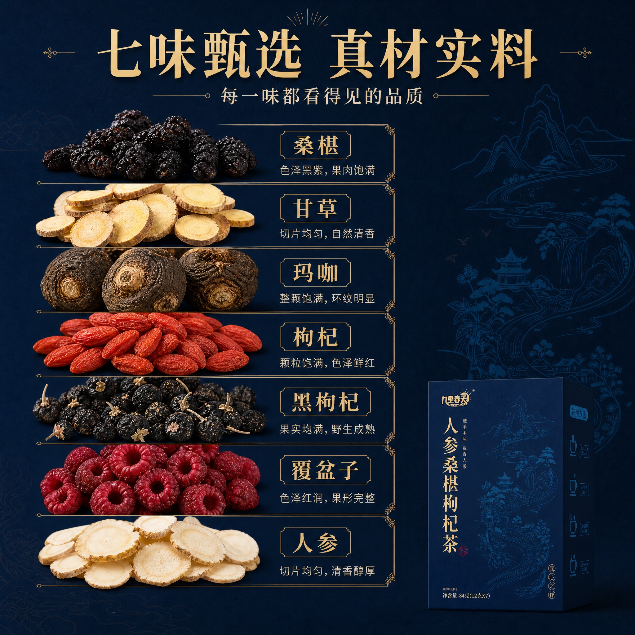 [主图-2] 核心亮点与溯源：七味真材实料展示，强化原料品质信… - 图片创意预览