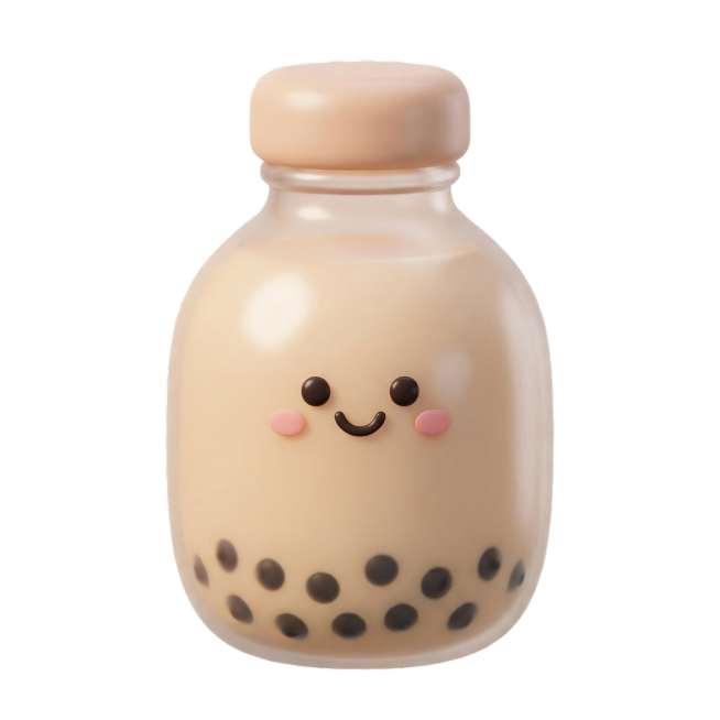 单独生成一瓶奶茶，使用和参考图一致的3D膨胀卡通风格，带可爱笑脸，质感和配色和原图统一，背景透明，和原图风格一致预览效果