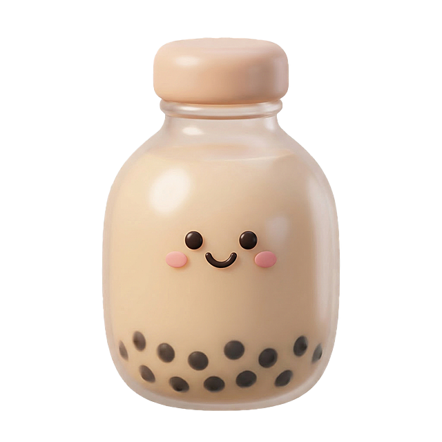 单独生成一瓶奶茶，使用和参考图一致的3D膨胀卡通风格，带可爱笑脸，质感和配色和原图统一，背景透明，和原图风格一致