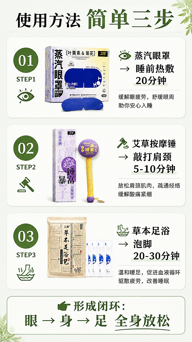 「图片1」，生成详情页，商品名称为（蒸汽&全身SPA），适配抖音/快手平台，单图比例为9:16，需求屏数为10张  《艾草暖养三件套｜从头暖到脚》
① 顶部爆点主视觉（第一屏）

主标题（大字）：
👉 从头暖到脚 · 艾草暖养三件套

副标题：
蒸汽眼罩 + 艾草按摩锤 + 草本足浴包

核心卖点3连击（必须大）：

缓解眼疲劳 👁
全身放松 🧘‍♀️
艾草暖养 🌿

价格锚点：
🔥 99元/套（强突出）

② 痛点场景引导（第二屏）

标题：你是不是也这样？

熬夜刷手机 → 眼睛干涩
久坐办公 → 肩颈僵硬
睡眠浅、疲劳累
手脚冰凉

👉 一句话总结：
现代人的疲劳，是全身性的

③ 产品组合展示（核心成交屏）
💤蒸汽眼罩（5盒=50片）
恒温热敷
缓解眼疲劳
熬夜党必备
🔨艾草按摩锤（1个）
艾草草本填充
敲打肩颈/背部
放松僵硬肌肉
🛁草本足浴包（30包）
艾草+多味草本
泡脚驱寒暖身
改善疲劳状态
④ 使用场景强化（第四屏）
🧑‍💻办公人群

久坐疲劳 / 眼睛酸胀

📱熬夜人群

刷手机 / 追剧 / 加班

🧓养生人群

日常调理 / 放松身体

👉一句总结：
一套解决全身疲劳问题

⑤ 使用方法（简单三步）
STEP1 👁

蒸汽眼罩 → 睡前热敷20分钟

STEP2 🔨

艾草按摩锤 → 敲打肩颈5-10分钟

STEP3 🛁

草本足浴 → 泡脚20-30分钟

👉形成闭环：
眼 → 身 → 足 全身放松

⑥ 产品安全与信任背书
草本配方更温和 🌿
无刺激成分
一次性使用更卫生
适合大多数人群
⑦ 权益与保障（抖音必放）

✔ 运费险
✔ 七天无理由
✔ 支持试用体验
✔ 一盒蒸汽眼罩试用装赠送

⑧ 强转化收口（最后一屏）
💥限时套餐价：99元/套

包含：

5盒蒸汽眼罩（50片）
艾草按摩锤1个
草本足浴包30包

👉一句强收口：
一套搞定全身疲劳，从头暖到脚