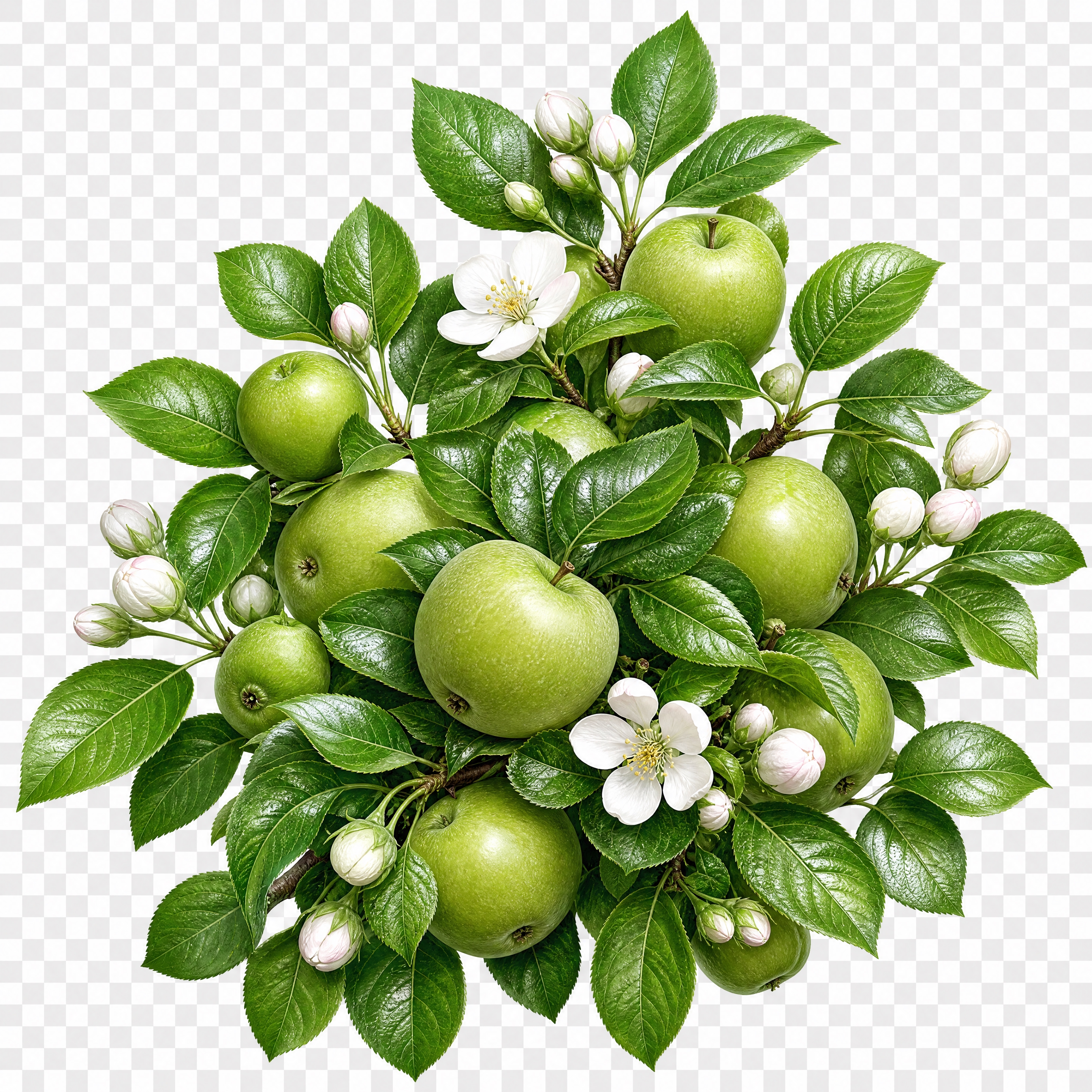 参考图中茉莉花的写实手绘插画风格，生成一丛茂密的青苹果枝叶果实… - 图片创意预览