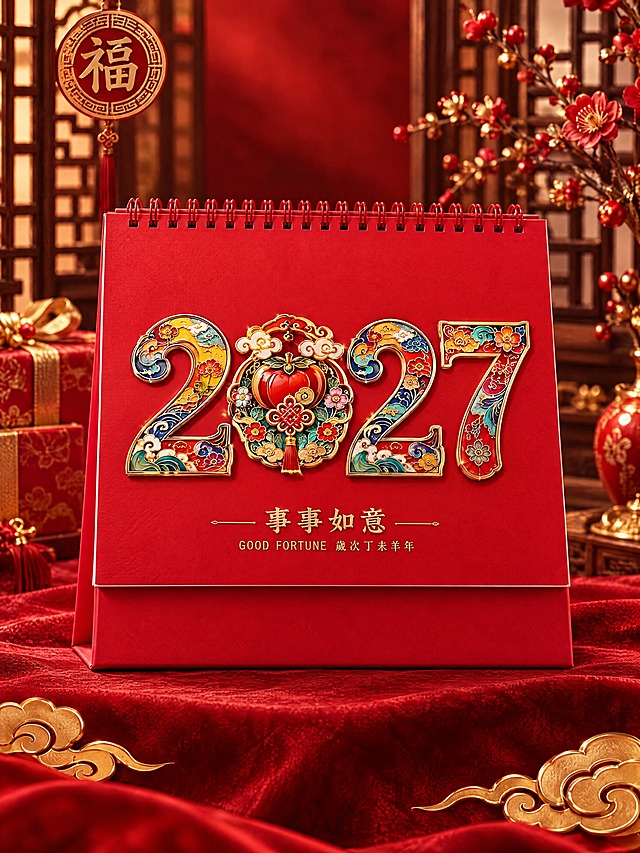 从这张四宫格图中提取右下的事事如意款台历，单独生成一张产品选项图。严格保留台历封面原始设计：2027数字珐琅造型（数字0中柿子如意造型，周围花卉纹样）、底部"事事如意"和"GOOD FORTUNE 歲次丁未羊年"烫金小字、红色线圈、红色三角底座。背景为深红色渐变搭配金色祥云纹样和中式窗棂装饰，台历放置在红色绒布台面上，周围点缀红色礼盒、金色花枝等国潮元素，整体高端国潮风格。台历居中放置，占画面约65%，正面微仰视角度。