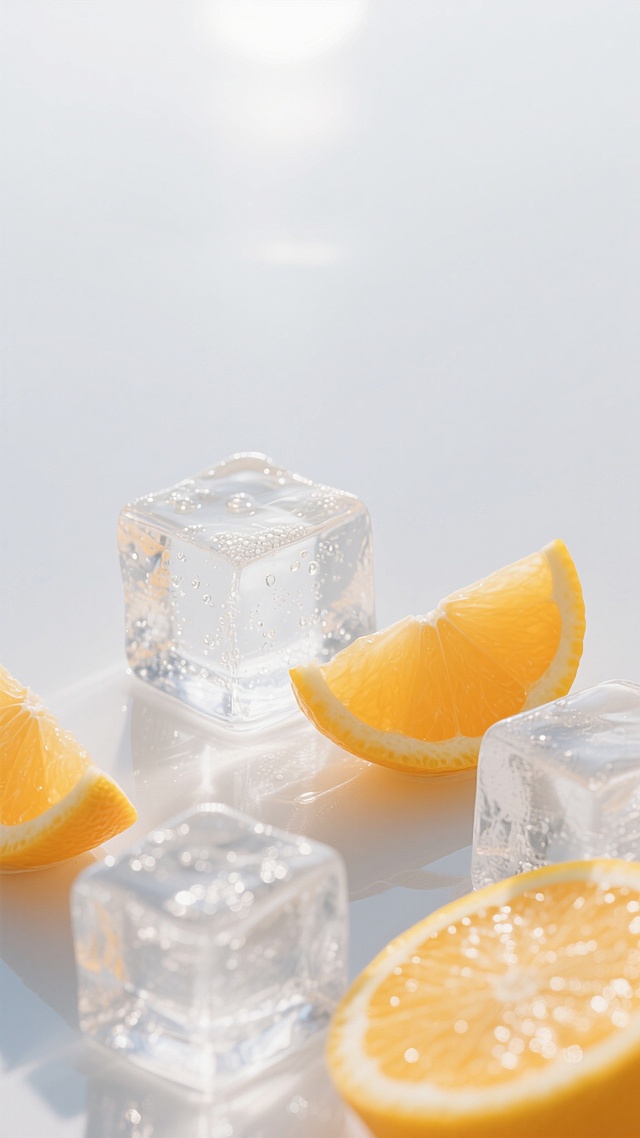高清晰夏天背景，大面积留白的简约设计风格，画面以纯净的白色为基底，点缀着透明的冰块和几片橙色的柠檬切片，冰块棱角分明，表面有细小的气泡，柠檬切片色泽鲜亮，果肉纹理清晰，整体色调以白色和橙色为主，营造出清爽、干净、通透的夏日氛围，光线柔和明亮，从上方洒下，在冰块和柠檬上形成淡淡的高光，画面简洁大方，信息传达高效，给人一种轻松愉悦的感觉。
