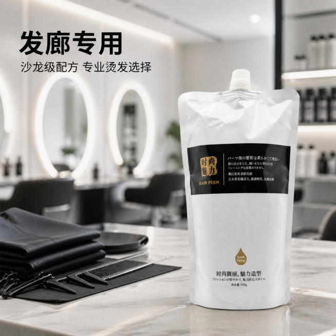 [主图 4] 专业发廊内烫发使用场景展示。[氛围风格] 专业真实美发沙龙氛围，干净高级。[画质] 商业摄影质感，光线柔和通透，产品清晰真实，画面干净高级。[元素] 现代简约风格发廊工作区，大理石纹理操预览效果