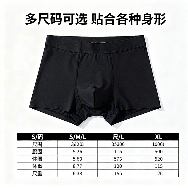 [主图7 尺码规格展示] 黑色骑行内裤平铺展示，标注清晰尺码对照表，产品外观保持一致，外部看不到红色硅胶垫，简约干净白底背景。上方标题 "多尺码可选 贴合各种身形"，下方清晰标注S/M/L/XL四个尺码对应的腰围、体重参考范围，表格排版整齐清晰，文字清晰易读，方便用户选择合适尺码。
