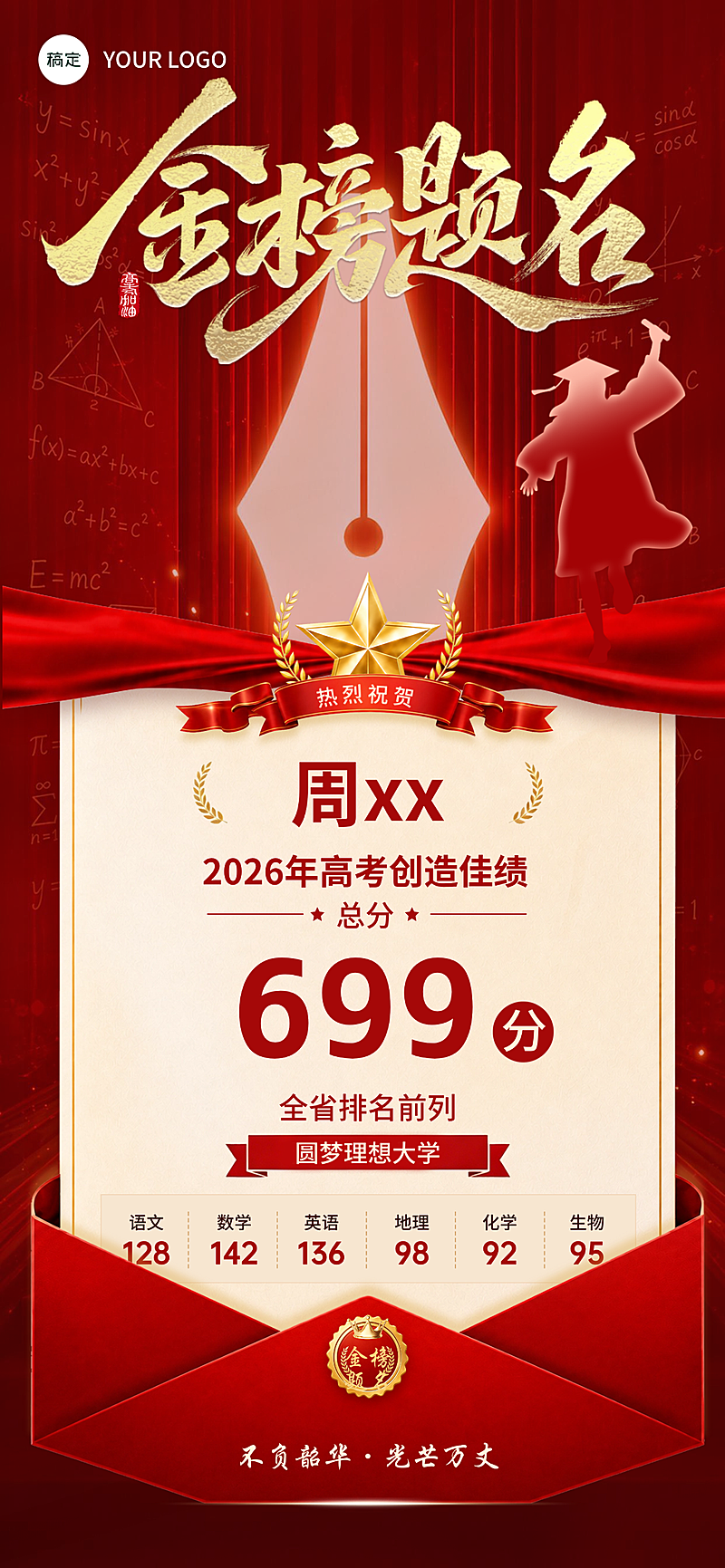 高考个人成绩喜报红金喜庆感全屏竖版海报