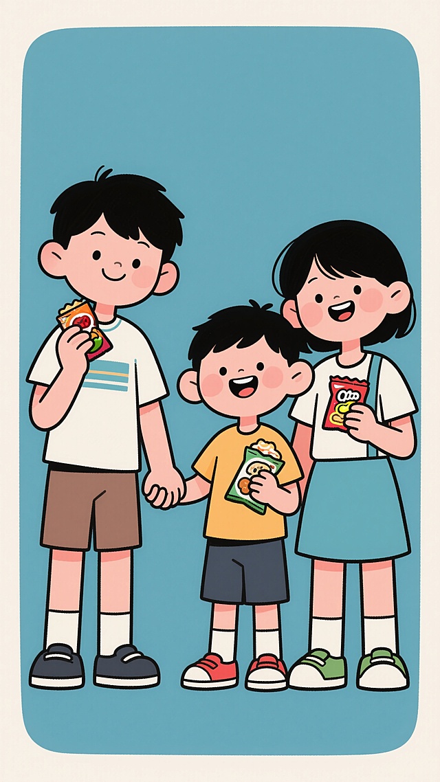 卡通插画风，三个孩子开心分享零食，色彩明亮，充满可爱与童趣。