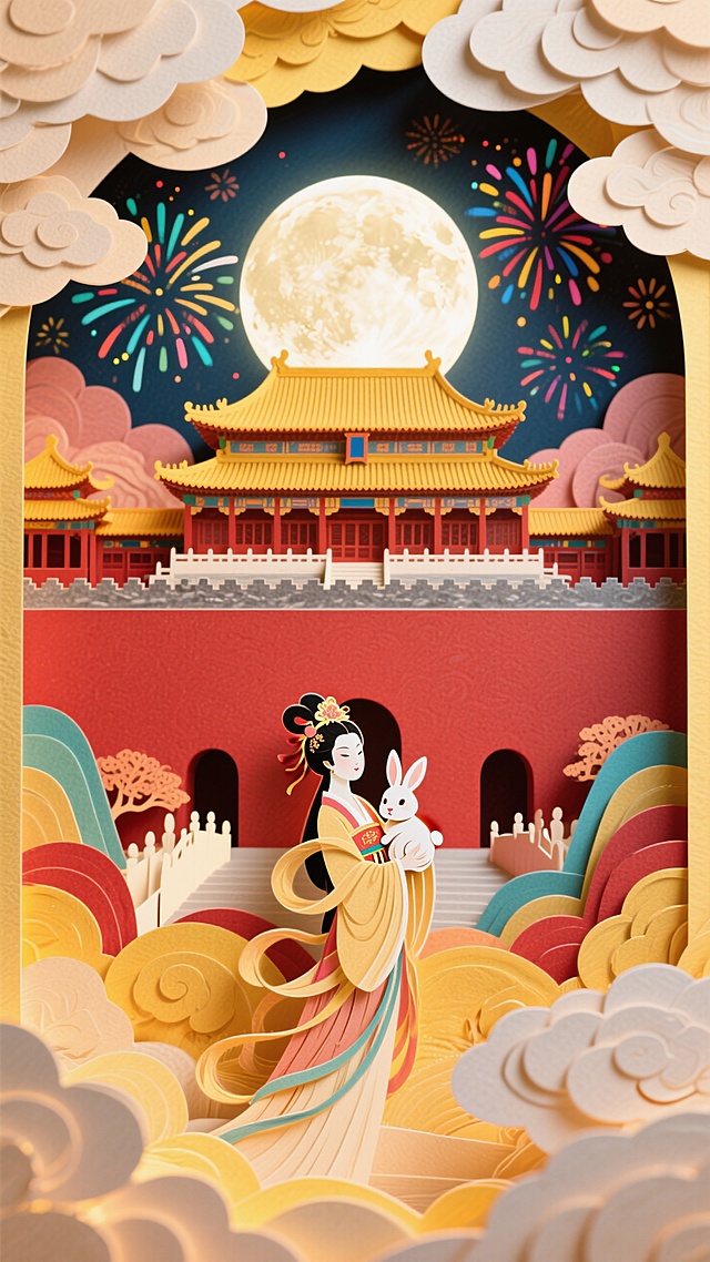 全景构图，近景是嫦娥抱着玉兔的侧影，中间是是北京故宫，红墙黄瓦，飞檐翘角，宫殿错落有致，背后是圆月和烟花，画面四周祥云环绕，画面整体充满喜庆和华丽，画面呈现喜庆的暖色调