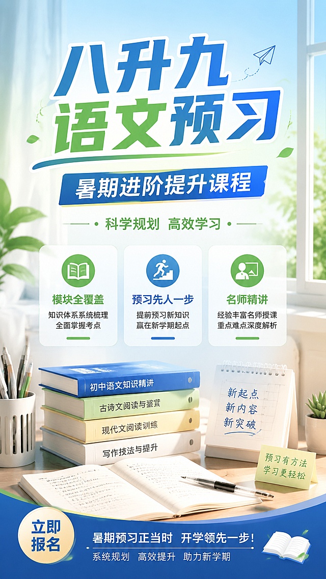 设计一张简约专业的八升九语文暑期预习课程招生海报，主标题为"八升九语文预习"，副标题为"暑期进阶提升课程"，装饰文案为"科学规划 高效学习"，卖点标签为"模块全覆盖"、"预习先人一步"、"名师精讲"，整体风格专业清新，采用学习场景背景，搭配书桌、书籍等教育元素，排版分区清晰，文字醒目易读，版式精美，9:16竖版构图。