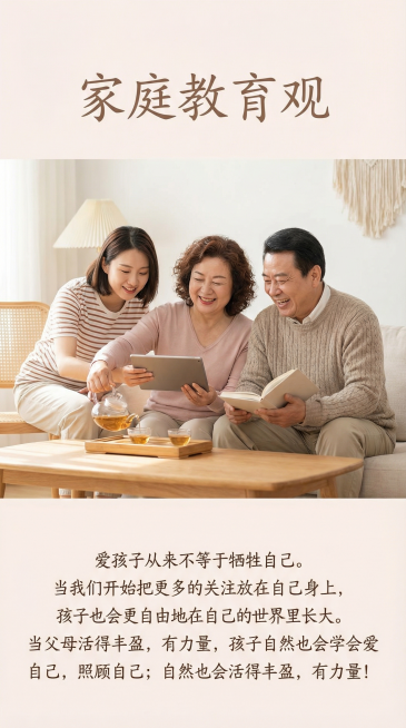 温暖治愈的家庭教育宣传图，画面中有面带微笑、神态从容丰盈的中年中国父母和他们的中国大学生女儿，一家人温馨相处的日常场景。图片上方有清晰书写正确的标题文字“家庭教育观”，下方配文：“爱孩子从来不等于牺牲预览效果