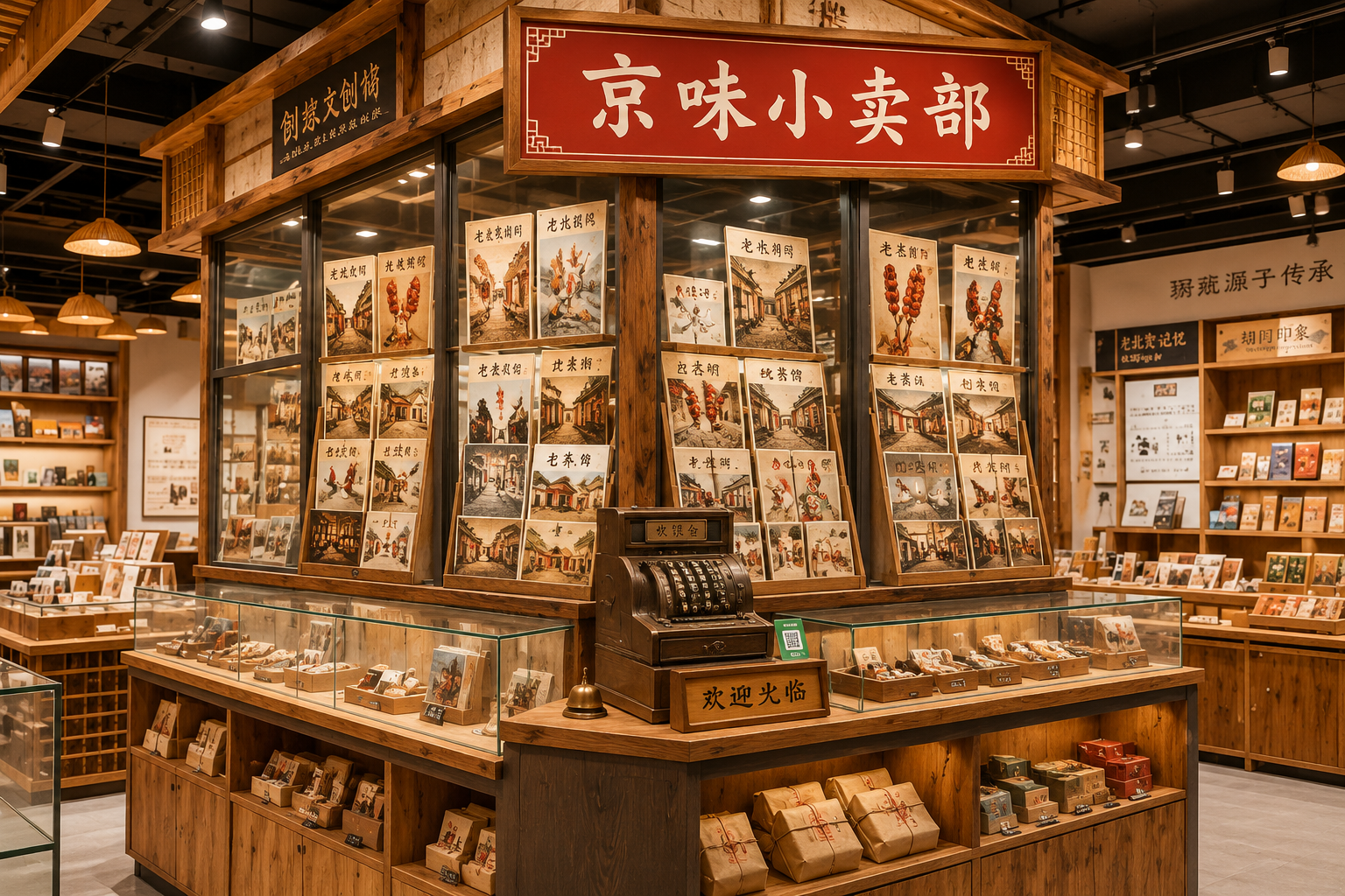 将原图中展柜顶部招牌文字‘创新文创’清晰改为‘京味小卖部’（醒… - 图片创意预览