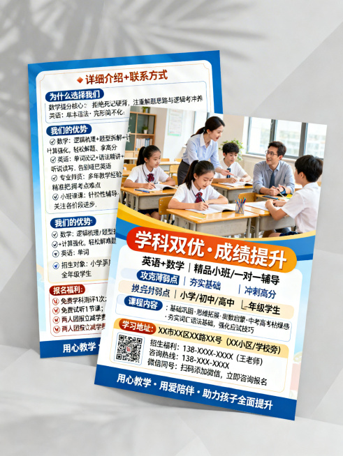正面：简洁大气风格，主视觉为明亮活力的学习场景，搭配核心信息【学科双优·成绩提升】，下方依次呈现英语+数学 精品小班/一对一辅导，攻克薄弱点 | 夯实基础 | 冲刺高分，我们的优势：✅ 数学：逻辑梳理预览效果