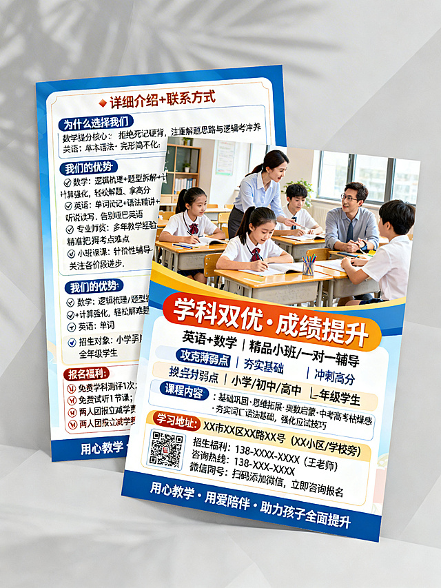 正面：简洁大气风格，主视觉为明亮活力的学习场景，搭配核心信息【学科双优·成绩提升】，下方依次呈现英语+数学 精品小班/一对一辅导，攻克薄弱点 | 夯实基础 | 冲刺高分，我们的优势：✅ 数学：逻辑梳理+题型拆解+计算强化，轻松解难题、拿高分；✅ 英语：单词速记+语法精讲+听说读写，告别哑巴英语；✅ 专业师资：多年教学经验，精准把握考点难点；✅ 分层教学：零基础/进阶/冲刺班，适配各阶段学生；✅ 小班授课：针对性辅导，关注每位学生进步；✅ 效果承诺：阶段性测评，学习效果看得见，招生对象：小学/初中/高中 全年级学生，课程内容：数学：基础巩固·思维拓展·奥数启蒙·中考高考冲刺；英语：单词语法·完形阅读·作文写作·口语听力·应试提分，报名福利：🎁 免费学科测评1次；🎁 免费试听1节课；🎁 两人团报立减学费；🎁 报名即送学习资料大礼包。背面：详细介绍+联系方式，包含为什么选择我们？数学提分核心：拒绝死记硬背，注重解题思路与逻辑培养，从根本解决不会做、做题慢、易出错问题，让复杂题型简单化。英语提升关键：趣味课堂+高效方法，打破学习枯燥感，夯实词汇语法基础，强化应试技巧，兼顾成绩与应用能力。学习地址：XX市XX区XX路XX号（XX小区/学校旁），咨询热线：138-XXXX-XXXX（王老师），微信同号：扫码添加微信，立即咨询报名，预留二维码位置，底部标注用心教学 · 用爱陪伴 · 助力孩子全面提升