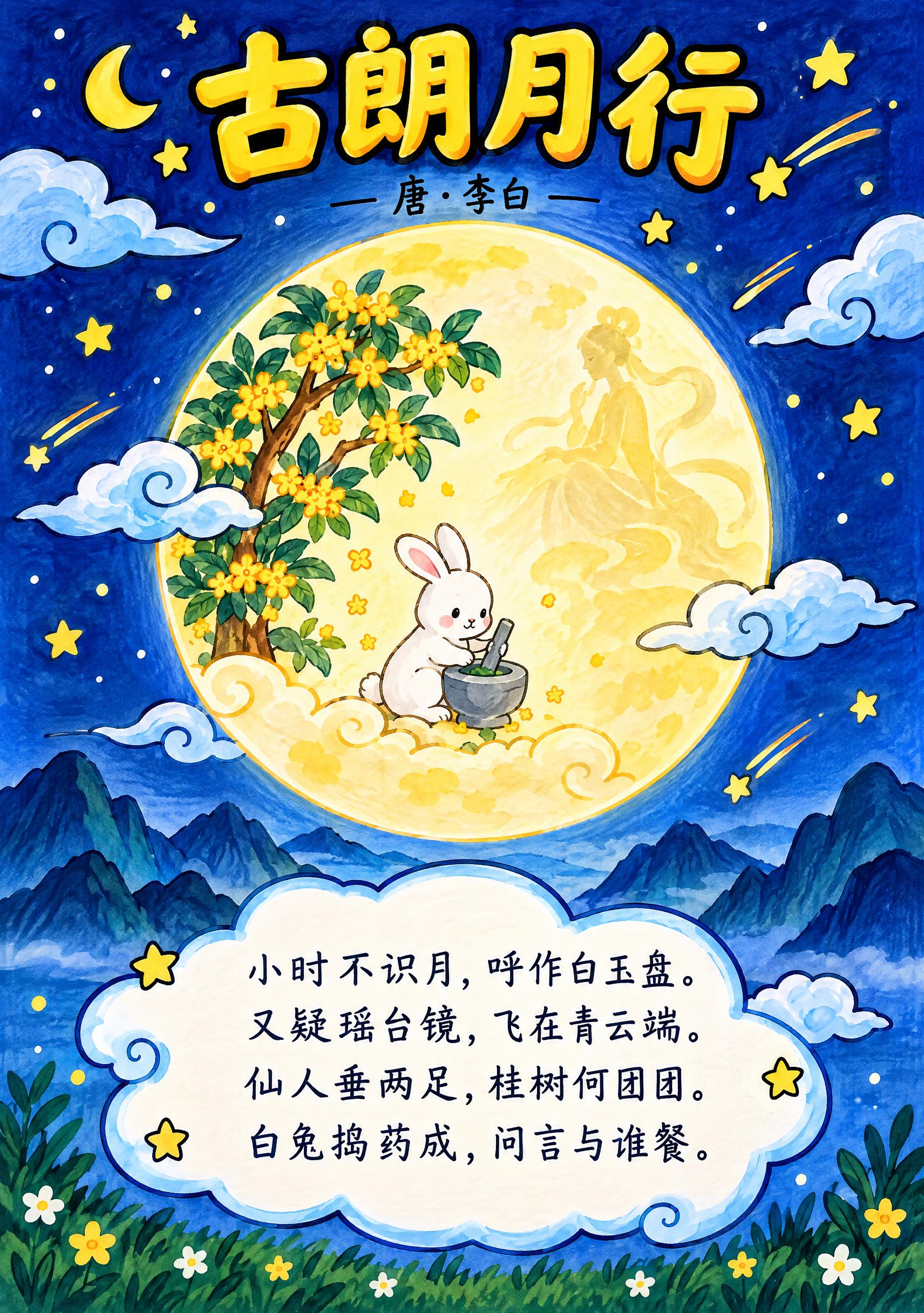 A4竖版小学生古诗《古朗月行》手抄报，深蓝色夜空渐变背景，底部… - 图片创意预览