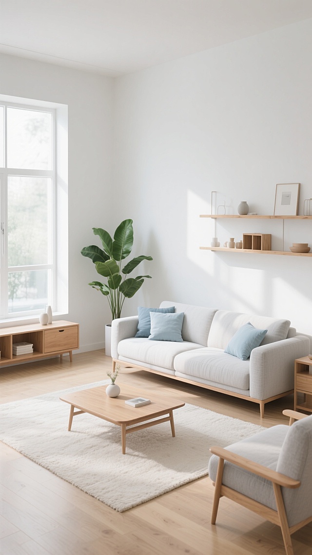 现代简约风格客厅室内设计，从不同角度展示的房间背景，白色为主色调搭配浅木色地板和原木色家具，柔和自然光从大窗户洒入形成温暖光影效果，浅灰色布艺沙发配白色和浅蓝色靠垫，米白色地毯铺于地面，木质茶几上摆放简约装饰品，靠墙木质置物架陈列设计感小物件，绿色大型绿植增添生机，整体空间明亮通透、干净整洁，采用不同的家具摆设布局和柔和淡雅的配色方案，营造舒适宁静的居住氛围，高清3D渲染，写实质感，极简主义设计美学，留白充足，空间感强。