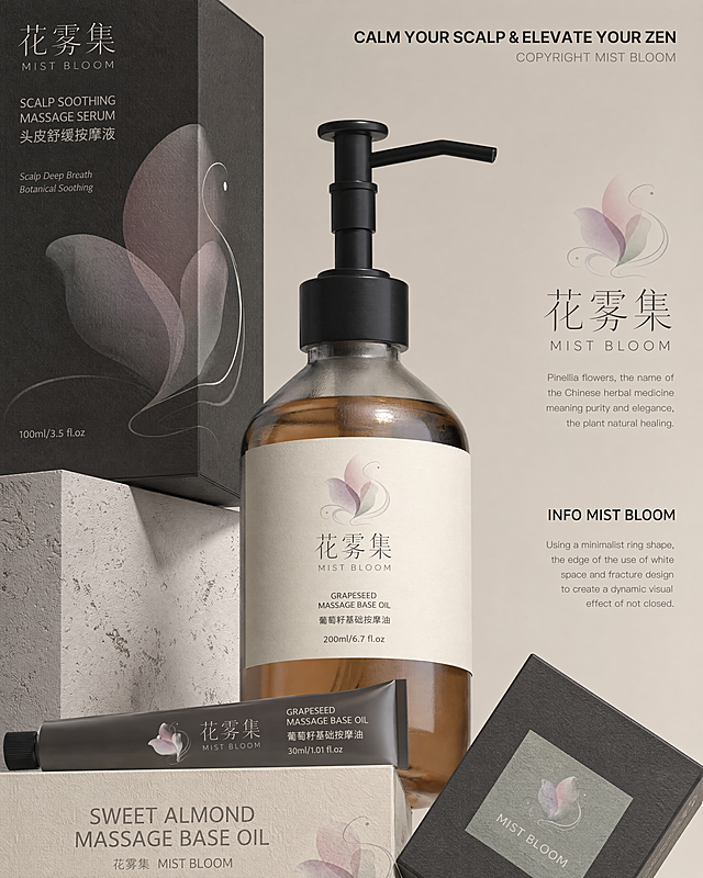 C4D Octane渲染，毕业设计品牌产品特写海报。严格沿用参考图镜头构图、产品摆放角度、石质展台道具、画面裁切机位，光影柔和细腻，静物商业渲染质感。

瓶身标签、包装盒、软管全部替换为花雾集MIST BLOOM，画面禁止出现SUMMER HALF、半夏任何文字标识。

主体按压洗护玻璃瓶，选用浅茶色通透玻璃，瓶身带有轻微细腻磨砂质感，哑光黑色按压泵头。瓶身米白色标签上印"花雾集 MIST BLOOM"及"GRAPESEED MASSAGE BASE OIL"、"葡萄籽基础按摩油"、"200ml/6.7 fl.oz"等产品信息。

周围配套产品：左上角大型黑色包装盒（雾灰粉哑光特种卡纸，印"花雾集 MIST BLOOM"及"SCALP SOOTHING MASSAGE SERUM"、"头皮舒缓按摩液"，装饰朦胧半透明花瓣和流动薄雾曲线新中式抽象纹样）；前景横放黑色软管（印"花雾集"及产品说明）；前景米白色包装盒（柔米白哑光卡纸，印"SWEET ALMOND MASSAGE BASE OIL"及"花雾集 MIST BLOOM"）；右下角小型黑色方盒（灰豆绿哑光，印花瓣Logo及"MIST BLOOM"）。

场景道具：水泥肌理石质展台，浅米色干净哑光背景。

画面右侧保留原图版式排布中英品牌介绍文案：顶部"CALM YOUR SCALP & ELEVATE YOUR ZEN"，下方"COPYRIGHT MIST BLOOM"；中部有花瓣圆形Logo及"花雾集 MIST BLOOM"品牌名，再下方一段英文品牌说明；底部"INFO MIST BLOOM"及一段设计理念说明文字。

整体视觉风格：低饱和新中式清冷美学，莫兰迪色调，雾灰粉、烟紫灰、灰豆绿、柔米白、浅银灰，氛围克制清冷现代东方。

品牌标识为花雾集MIST BLOOM，文字印刷清晰无乱码，排版位置与参考图保持一致。

8K超高清，材质写实，玻璃通透带有柔和高光，卡纸具备细微纸纹理，水泥展台肌理真实，适合作品集页面输出。

画面中必须完整呈现以下文字信息：花雾集、MIST BLOOM、CALM YOUR SCALP & ELEVATE YOUR ZEN、COPYRIGHT MIST BLOOM、INFO MIST BLOOM、GRAPESEED MASSAGE BASE OIL、SWEET ALMOND MASSAGE BASE OIL、SCALP SOOTHING MASSAGE SERUM、葡萄籽基础按摩油、头皮舒缓按摩液。画面中所有数字必须精确渲染，不得出现错位、遗漏或编造的数字。画面中所有信息区域必须填充完整合理的内容，不得出现空白框、空白占位。版式精美。
