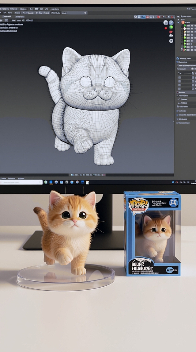 软3D风格萌猫，毛发生长细节逼真，卡通感十足，体积感强，可爱感爆棚，融合数字建模与实体手办，呈现梦幻联动。