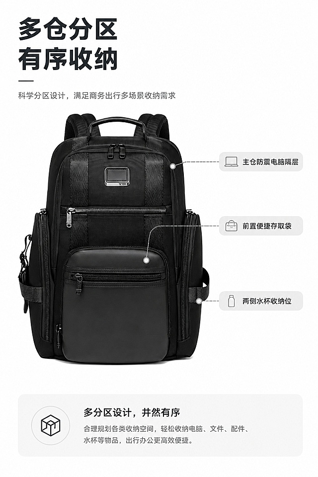 [第3屏] 整体结构解析页-黑色商务双肩电脑背包多隔层分区设计。本屏使用【图1】作为商品主体。
[标题版式] 左对齐粗体主标题，右侧引线标注区域，标题字体偏粗，标注采用浅色圆角标签。
[氛围/风格] 实用解析风，浅灰白色调，清晰直观，专业商务质感。
[元素布局] 背包正面全貌放置在画面中上部，占比约65%，使用引线标注方式分别指向主电脑仓、前置拉链袋、侧袋三个分区，每个引线对应圆角浅色标签，标注分区功能，背包整体结构和颜色与输入产品图一致；底部留出空间放置简短文案说明。
[光影质感] 正面均匀布光，每个分区结构清晰，标签文字清晰可读，阴影柔和。
[配色色系] 全局底色 #ffffff，主色黑色背包，辅助色深灰文字，浅灰标签。
[视角构图] 正面平视，整体呈现，标注引导阅读动线。
[文字版式] 左上主标题「多仓分区 有序收纳」，三个标签分别标注：「主仓防震电脑隔层」「前置便捷存取袋」「两侧水杯收纳位」，文字简洁清晰，不遮挡背包主体结构。
[比例分辨率] 9:16竖版比例，4K分辨率，文字清晰可辨，高清画质。
[负向提示词] 结构变形，标注引线错位，文字模糊，颜色偏差，多余水印