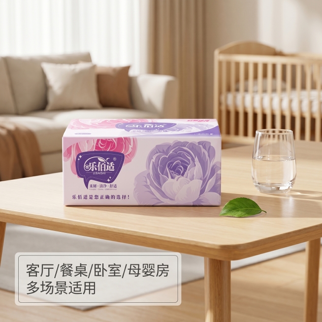 [主图-4] 乐佰适抽纸多场景适用展示，清新ins风。氛围风格：生活化场景，自然温馨清新。画质：商业摄影质感，光线柔和通透，产品清晰真实，画面干净高级。元素：乐佰适纸抽放置在干净的居家桌面，旁边有半杯预览效果