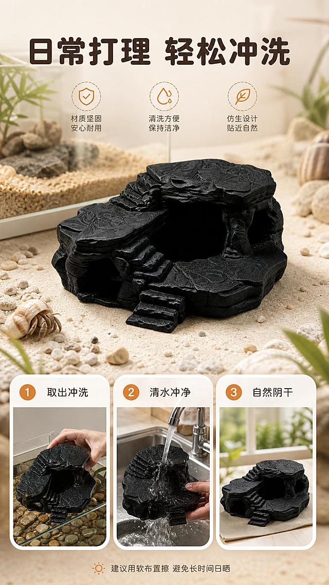 [商品] 使用【图5】曜夜黑款寄居蟹仿生岩石躲藏窝；保留哑光黑色岩面、双洞口、阶梯与平台结构，深色区域保留岩纹细节不糊黑，去除原始白底。
[画面] 使用过程页，动作连拍型：产品居中偏上、占画面约百分之五十，正面微俯视角放在饲养箱旁的浅色台面上，前景细砂与碎石；画面下半部横向并排三张白色圆角步骤卡，每张卡内是不同阶段的真实小场景图：从缸中取出产品、用清水冲洗岩面、放在背阴处自然晾干；卡片左上角带1、2、3圆形编号，卡内画面彼此不同。
[视觉] 套系策略：风格=高级自然宠物生活方式商业摄影；标题字=圆润饱满无衬线圆体字重中粗；正文字=同族圆体细字重；主色=奶油暖白；背景延展=暖米色细砂与浅色碎石并做同色系深浅层级；强调色=暖蜜橘金仅用于小面积图标引线标签；标题色=深棕墨；正文色=浅棕灰；组件=白色半透明圆角卡片浅棕细描边细线引线与圆角胶囊标签；光影=饲养箱顶部暖色柔和顶光加侧补光浅景深。
[文字] 左上横排主标题「日常打理 轻松冲洗」；三张步骤卡内横排短句依次为「取出冲洗」「清水冲净」「自然阴干」；底部一行小号说明「建议用软布置擦 避免长时间日晒」；全部文字横向排版，不遮挡产品结构。
[规格] 图片比例9:16竖版，分辨率2K，中文文案手机端清晰可读。负向：冷蓝冷灰主色、竖排旋转文字、错字糊字、水印、二维码、平台Logo、产品变形、白底残留、悬浮感、背景杂乱、绝对化用语。