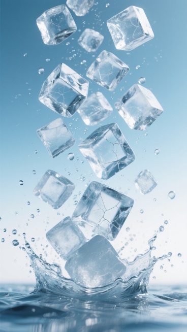 大量棱角分明的透明冰块从画面底部向上飞溅，冰块表面有清晰的折射纹理和细腻的冰裂纹，部分冰块在空中翻转呈现多角度形态，底部冰块撞击形成飞溅的水花和细碎的水珠，水珠在空中形成细小的水雾和水线，背景是从下到上由白色渐变为浅蓝色的渐变天空，整体画面呈现出超写实的质感，冰块和水珠有明显的高光和阴影对比，光影效果通透自然，营造出清凉、动态、充满活力的氛围，水花和冰块的运动轨迹自然流畅，画面构图饱满且富有层……预览效果