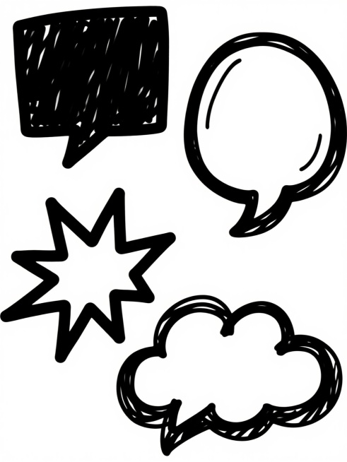 一套四个完全不同造型的手绘风格对话气泡元素集合，保持黑色粗线条手绘笔触，包含简洁方形带尖角气泡、圆润椭圆形气泡、爆炸星形气泡和云朵形气泡，每个气泡内部为纯白色，线条带有自然的手绘粗细变化和轻微的笔触纹理，所有气泡规整地排列在纯白色背景上，整体呈现出漫画风格的活泼与随意感。预览效果