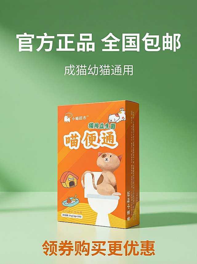 [主图 5] 正品服务保障图，保持原产品包装外观完全一致，商业摄影质感、光线柔和通透、产品清晰真实、画面干净高级。产品放置画面中下部，背景为干净渐变绿色参考图配色，无边框大图。主色调：绿色+橘色，突出正品优惠氛围。视角构图：平视拍摄，景深适中。文字版式：顶部大标题"官方正品 全国包邮"白色粗体大字，产品上方小字标注"成猫幼猫通用"白色，底部添加促销信息"领券购买更优惠"橘色字体，所有文字不遮挡产品主体，对比清晰易于阅读。比例分辨率：3:4比例，2k分辨率，文字清晰可辨，超高清。负向提示词：变形，水印，文字错乱，产品图模糊，背景杂乱，遮挡产品主体。