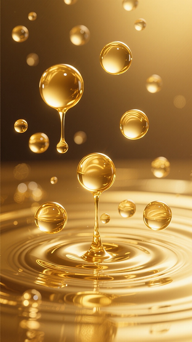 金色调背景下，金色液体表面泛起涟漪，多颗大小不一的金色油滴悬浮空中，部分油滴间以金色细流相连，液体表面和油滴呈现出细腻的珠光纹理，水滴样式为边缘光滑的不规则椭圆形，整体画面光影柔和，高光处明亮耀眼，营造出奢华、纯净且富有动感的氛围。