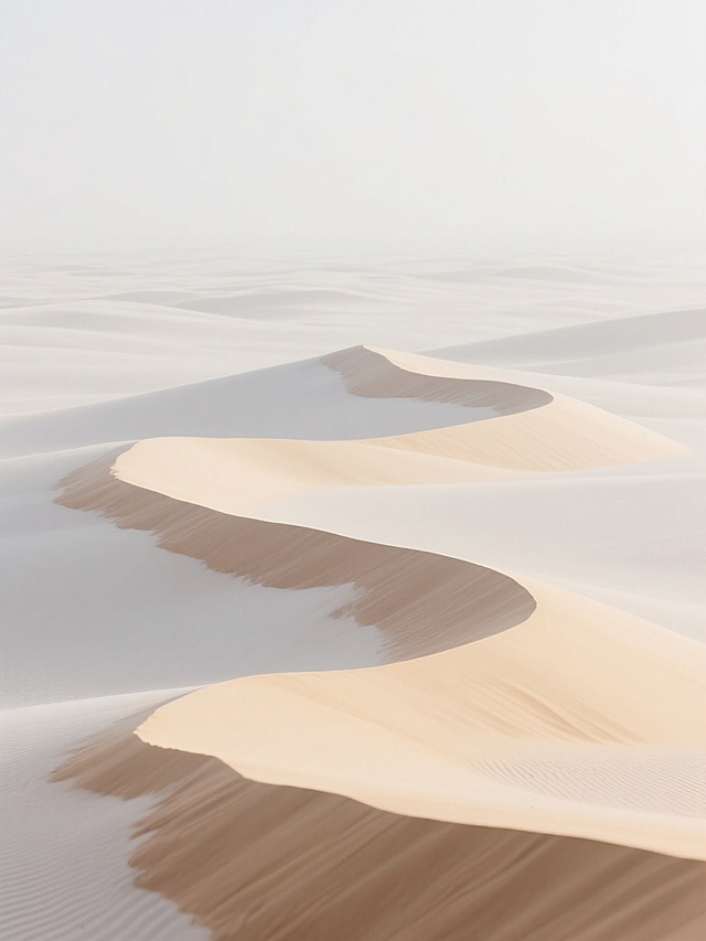 中景镜头，在一片广袤无垠的纯净白色背景下，数道柔和的米黄色与浅棕色沙丘曲线以极简姿态延展，沙丘表面仿若真有微风轻柔拂过，显露出极细腻沙粒质感与自然纹理走向，光线均匀柔和，尽显宁静开阔的干净极简氛围，适配背景素材。