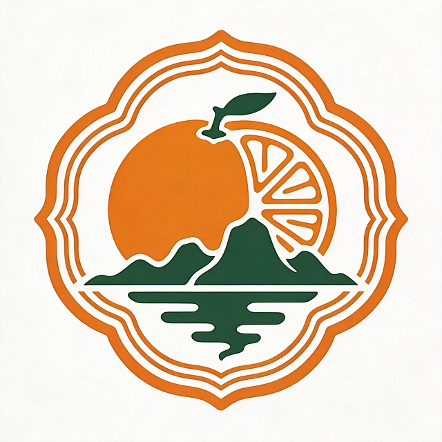 干净的纯白色背景。平面艺术字体logo设计，极简线条勾勒的金桔果实主体，果实下方自然延伸出抽象广西山水轮廓，两者融为一体，整体造型像一枚印章，也像一片浓缩的锦绣山河。暖橙色金桔搭配墨绿色山水，撞色拼接线条镂空叠加呈现，现代极简线条重构风格，高级简约适合品牌logo。比例1:1