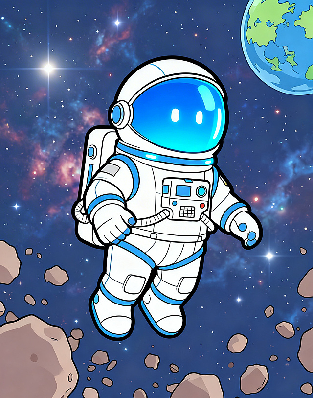 未来感与科技感交织的卡通插画风宇航员，描边风格搭配软3D质感，背景融入虚拟现实星河与极繁主义粒子光效，呈现梦幻宇宙探索场景。