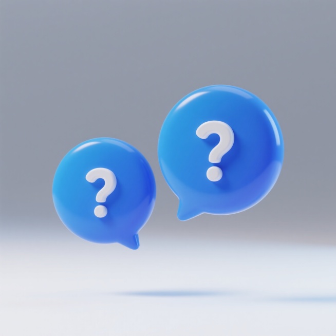 3D风格的两个蓝色对话气泡图标，左侧气泡较小，右侧气泡稍大，均为半透明渐变蓝色，表面光滑有光泽，每个气泡中央都有一个白色的问号符号，问号圆润立体，气泡底部有小三角形的对话出口，整体悬浮在纯白色背景上，光影柔和，有轻微的阴影效果增强立体感，设计简洁明快，充满现代科技感。预览效果