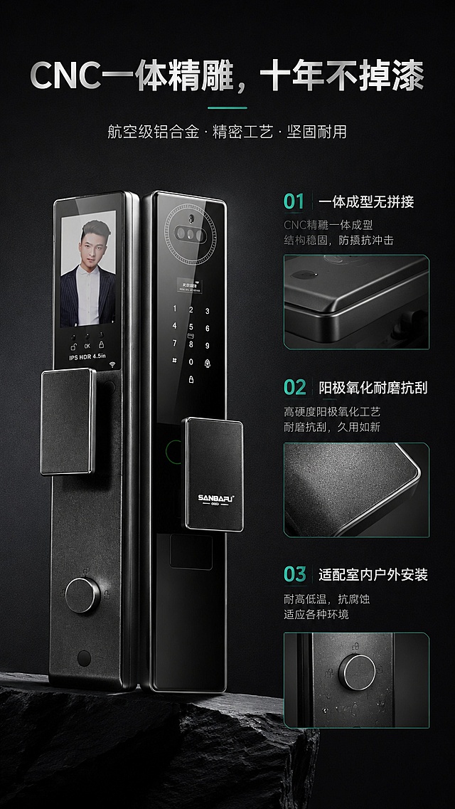 [第5屏] 材质工艺解析-CNC一体精雕铝智能门锁机身材质展示。本屏使用【图1】产品主体，放大展示机身质感。
[氛围/风格] 工业质感专业风，黑灰质感背景，突出金属材质细节和工艺。
[元素布局] 画面主体是智能锁机身，占比约70%，左侧主体展示完整锁身，右侧分三个区块讲解工艺优点，每个区块配金属纹理细节小图+文字说明；机身结构、颜色和原图保持一致。
[光影质感] 侧光突出铝合金拉丝纹理质感，金属光泽自然，细节清晰，机身轮廓锐利。
[配色色系] 全局底色 #222222；主色深灰和黑色；辅助色金属银灰、青绿色高亮。
[视角构图] 左产品右说明版式，45度斜侧视角展示锁身材质，主体突出。
[文字版式] 顶部标题「CNC一体精雕，十年不掉漆」，三点说明：一体成型无拼接、阳极氧化耐磨抗刮、适配室内户外安装；文字大小适中，清晰可读，不遮挡主体细节。
[比例分辨率] 9:16 竖版比例，4K分辨率，文字清晰可辨，高清画质。
[负向提示词] 机身变形，纹理失真，颜色偏差，文字错乱，缺件错件，水印。