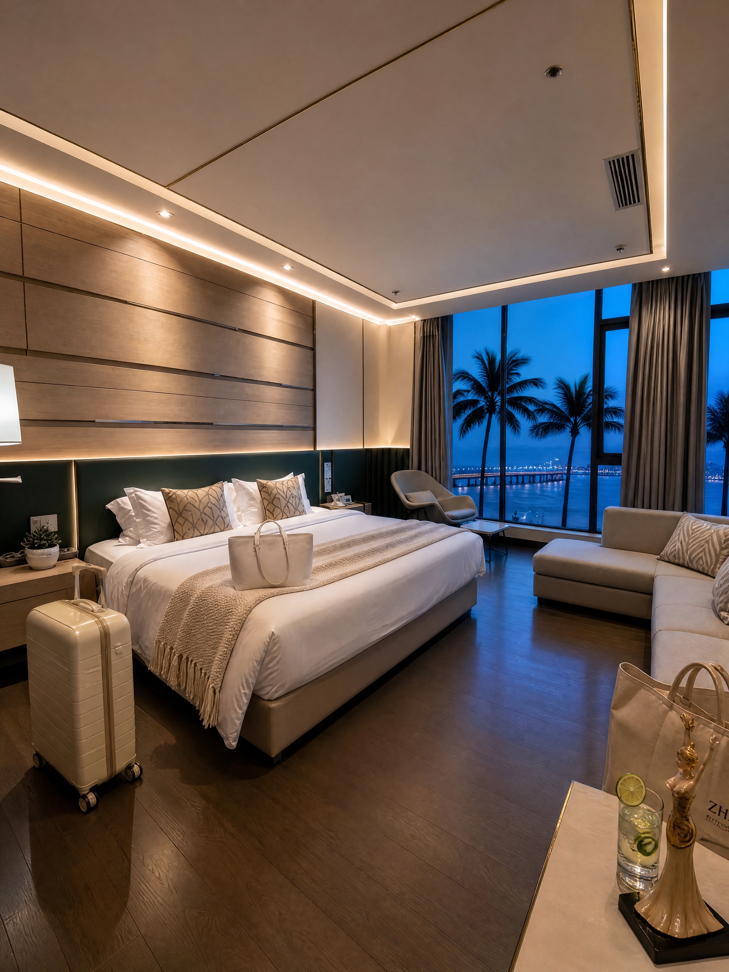 珠海海景酒店客房，保持原始空间结构与家具布局不变，调整为略微偏… - 图片创意预览