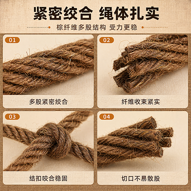 [商品] 四格全部取材于【图3】棕绳微距与【图4】绳结形态，可参考【图1】整捆外观确认色号；严格保留棕纤维的深棕黄褐色、三股绞合螺旋纹理、纤维绒毛细节与绳体紧实度，不得改变颜色、股数与纹理密度。
[画面] 页面目标：产生渴望·结构解析，四宫格细节型。整张画面按2×2四宫格排布，格与格之间用窄条深棕渐变分隔：左上格为绳体表面45度侧向微距，展现紧密绞合螺旋纹；右上格为绳股断面附近斜向微距，可见多股纤维收束走向；左下格为两根绳子交叉打结处的紧凑结构微距，呈紧实咬合状态；右下格为裁剪后绳口齐整微距，纤维收束不散。均为浅米棕影棚底、极浅的自然投影，微距特写景别。
[视觉] 套系策略：风格=国内电商功能实用商业摄影，质朴麻布质感排版；标题字=阿里巴巴普惠体粗体；正文字=阿里巴巴普惠体常规体；主色=深棕（#6B4A2B）；背景延展=基于深棕做浅米棕与燕麦色深浅层级、同色渐变与麻布纹理；强调色=暖橙棕（#C07A33），仅小面积用于图标、引线、编号标签；标题色=深棕近黑（#3A2A1C）；正文色=中暖棕灰（#7A6552）；组件=圆角燕麦底信息卡、细线引线、胶囊编号标签、麻布质感分隔条；光影=左上方柔和暖光，接触阴影自然。
[文字] 画面顶部横向主标题“紧密绞合 绳体扎实”，横向副标题“棕纤维多股结构 受力更稳”；每格左上角一枚暖橙棕小胶囊标签，内含横向编号“01”“02”“03”“04”，每格底部横向一行短说明依次为“多股紧密绞合”“纤维收束紧实”“结扣咬合稳固”“切口不易散股”。全部文字横向排版，禁止竖排、旋转与倾斜。
[规格] 图片比例1:1正方形，分辨率4K。负向提示：避免变形、色差、错字、多字漏字、竖排文字、倾斜文字、蚂蚁字、冷蓝或蓝灰背景主色、品牌Logo、水印、角标、平台标识图案、小图标堆砌、绳体股数或纹理被改写。