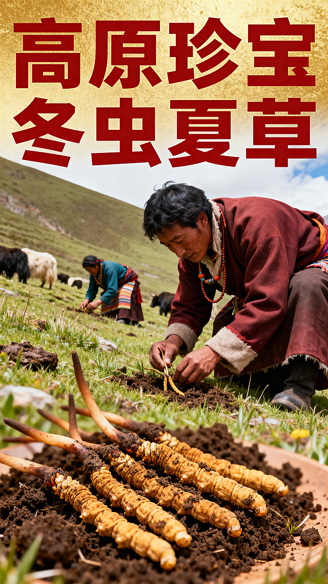 民族感实景中，质朴藏民采挖冬虫夏草，大字风标题配鎏金背景，印刷风设计凸显高原珍宝的厚重与珍贵。
