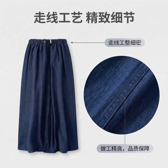 参考上传的牛仔裙电商选项图风格，生成1:1比例的牛仔裙电商选项图，浅灰色背景，包含产品展示与细节标注，内容为牛仔裙走线工艺细节展示，标注文字说明走线工整细密、做工精良，整体风格简约清爽，符合电商选项图预览效果