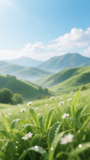 清晨阳光照耀下的绿色山谷场景，前景是鲜嫩的绿色草叶和细小的白色野花，叶片上带着露珠，中景是连绵起伏的绿色丘陵，远景是模糊的山脉轮廓，天空是清澈的蓝色，飘着几朵白色的云彩，整体画面采用写实风格，色彩以各种层次的绿色为主，搭配清新的蓝白，光线明亮柔和，具有浅景深效果，前景清晰而后景逐渐模糊，营造出宁静、自然、生机勃勃的氛围，画面充满清新的空气感和自然的美感。预览效果