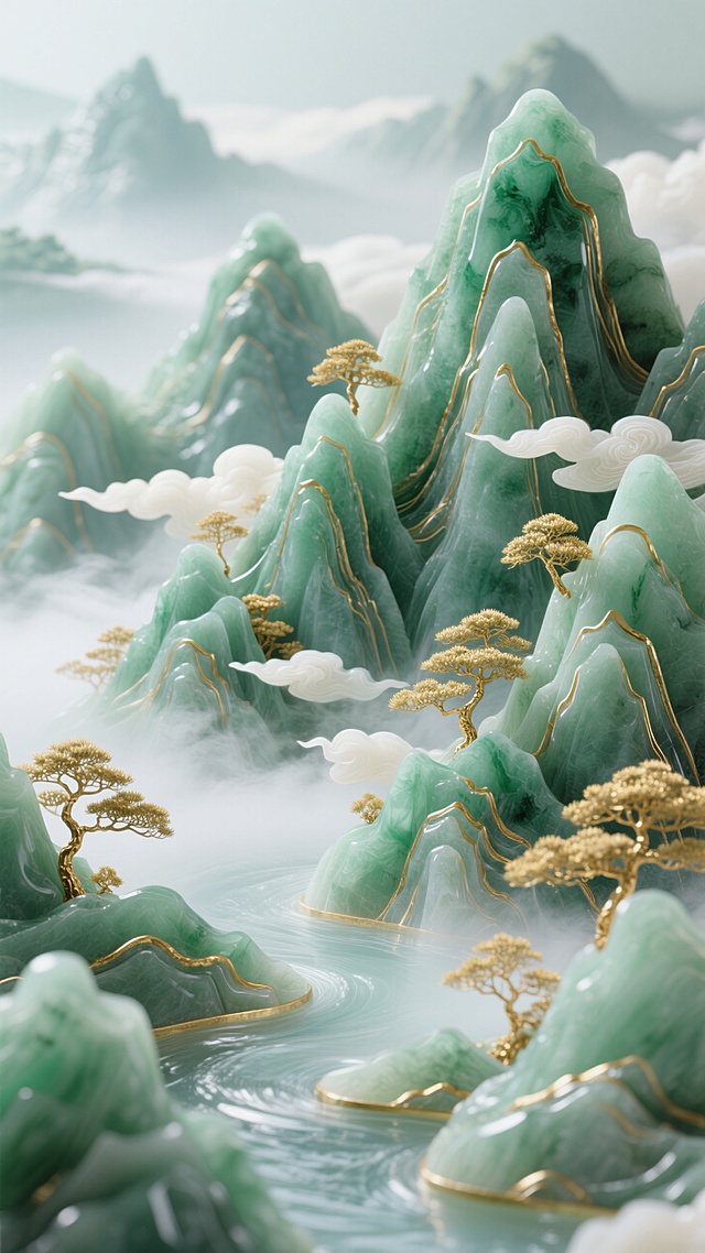 新中式玉雕山水艺术，以青绿色玉石质感塑造层峦叠嶂的山峰，表面用鎏金线条勾勒轮廓与纹理，点缀金色松树，搭配乳白半透明的云雾和水流，营造温润典雅、富有东方禅意的立体浮雕意境