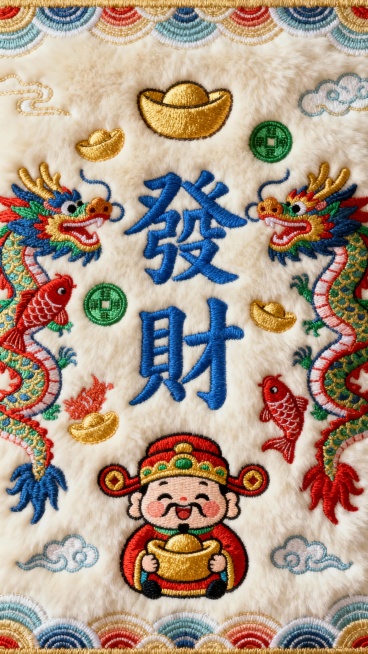 米白色毛绒质感背景上，采用传统刺绣风格，中央是蓝色“發財”大字，周围环绕着金色元宝、红色鲤鱼、绿色铜钱等吉祥图案，两侧对称分布彩色龙纹，底部有捧着金锭的可爱财神像，边缘装饰波浪形花纹和祥云图案，整体色预览效果