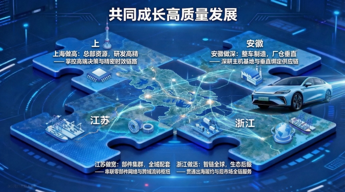 基于原图修改，删除文字“长三角地区形成合力，打造高质量产业生态”和“长三角一体化产业体系”，在四个省份拼图旁边分别添加对应完整文字：上海做高：总部资源，研发高精 —— 掌控高端决策与精密时效链路；安徽预览效果