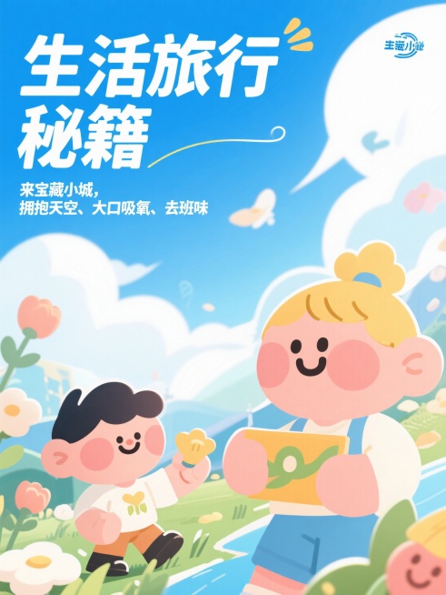 卡通风格，大标题“生活旅行秘籍”，小标题“来宝藏小城，拥抱天空、大口吸氧、去班味”，营造轻松氛围。预览效果