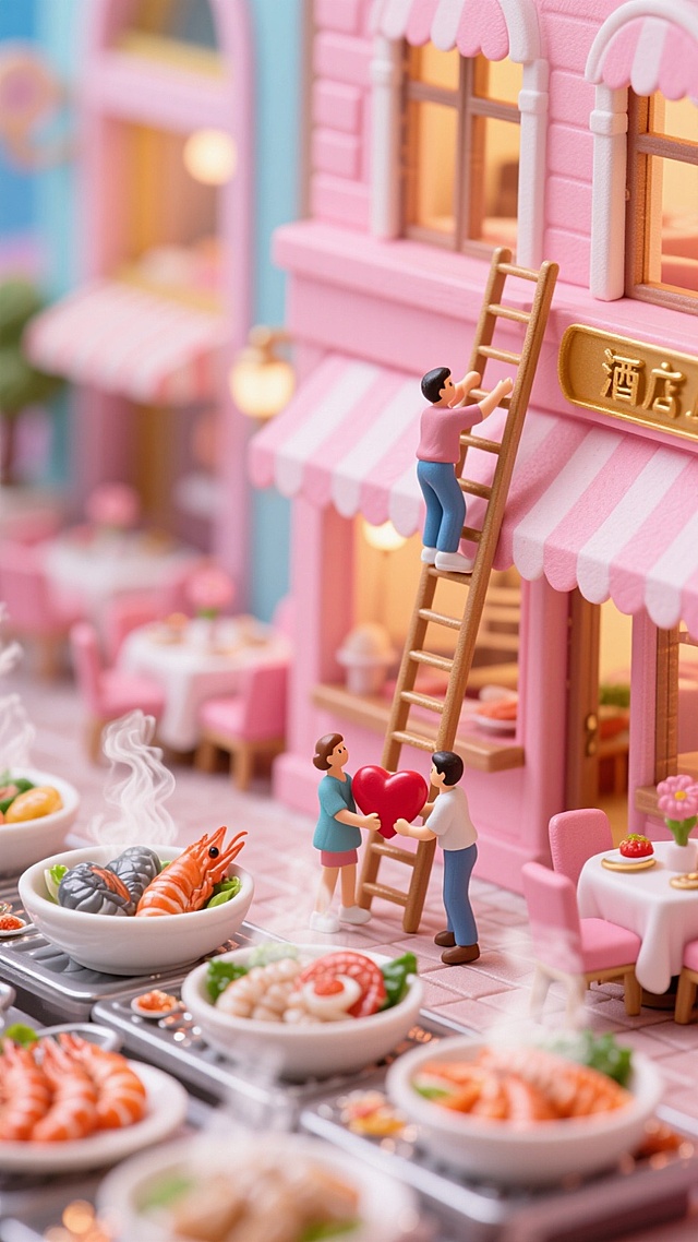 梦幻甜美的微缩艺术风，卡通人物在粉色建筑前互动，超现实主义场景充满可爱与温馨。