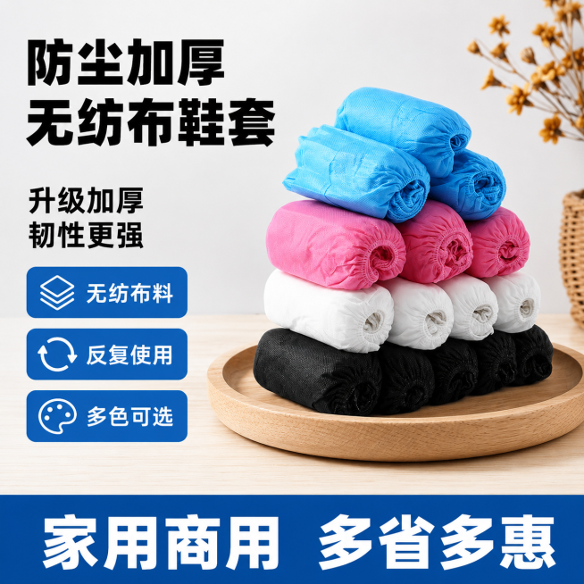 [单张主图] 无纺布鞋套，爆款促销感主图，目标是快速传递产品信息、促进点击转化。[画面主体] 四色无纺布鞋套堆叠在浅原木圆托盘上，包含蓝色、粉色、白色、黑色，保持产品外观、颜色、结构与输入产品图绝对一预览效果