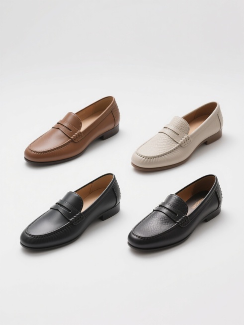 一组4个不同配色、不同样式、不同材质的鞋元素，保持干净简约风格，符合现实逻辑，适合素材使用。每只鞋细节清晰，光线均匀柔和，白色背景突出主体，整体呈现出产品摄影的专业质感，鞋的形态自然，材质纹理真实可辨，色彩搭配协调且各具特色，适合作为设计素材直接使用。预览效果